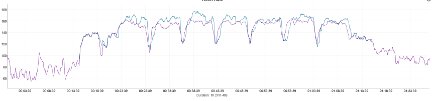Séance de fractionné en course à pied. Bleu – Coros Pace 4, violet – Polar Verity Sense.